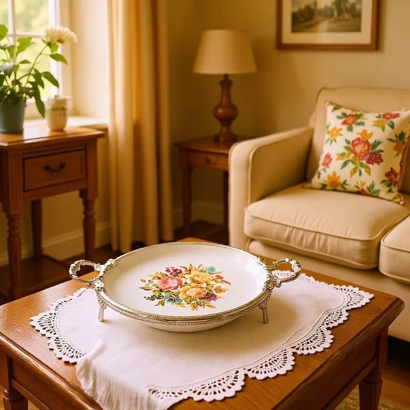 YFY European-style relief ceramic plate alloy binaural handle retro rectangular shallow plate fruit plate ornament storage tray