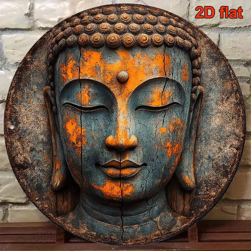 Panneau métallique rétro 2D - Tête de Bouddha ronde en aluminium, décoration murale zen pour la maison, salon, bureau, studio de yoga, cadeau