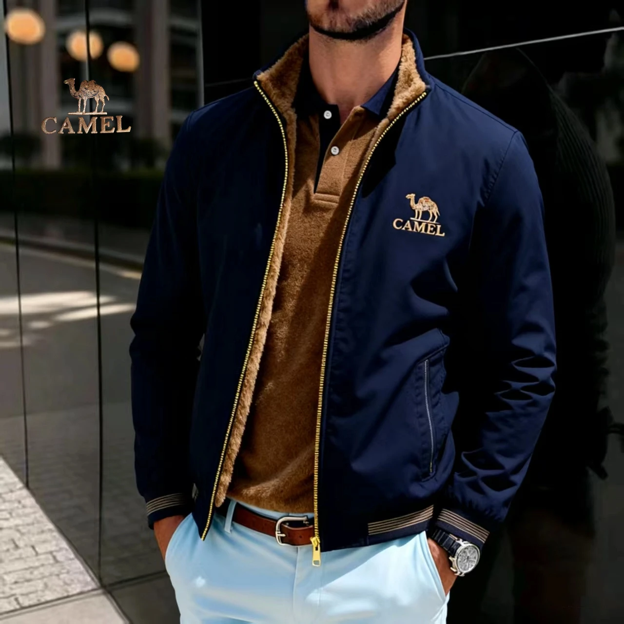 camel    fashion warm thickened cold-proof large size zipper padded baseball jacketmens jackwinter jackets for menwinter jackets - Image 2