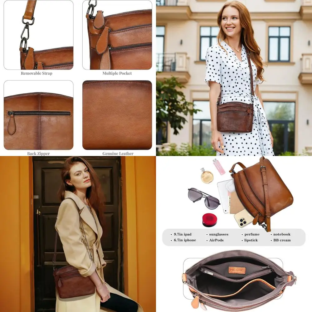 

Vintage Leather Crossbody Bags for Women, Multi-Pocket Small Shoulder Satchel Purses