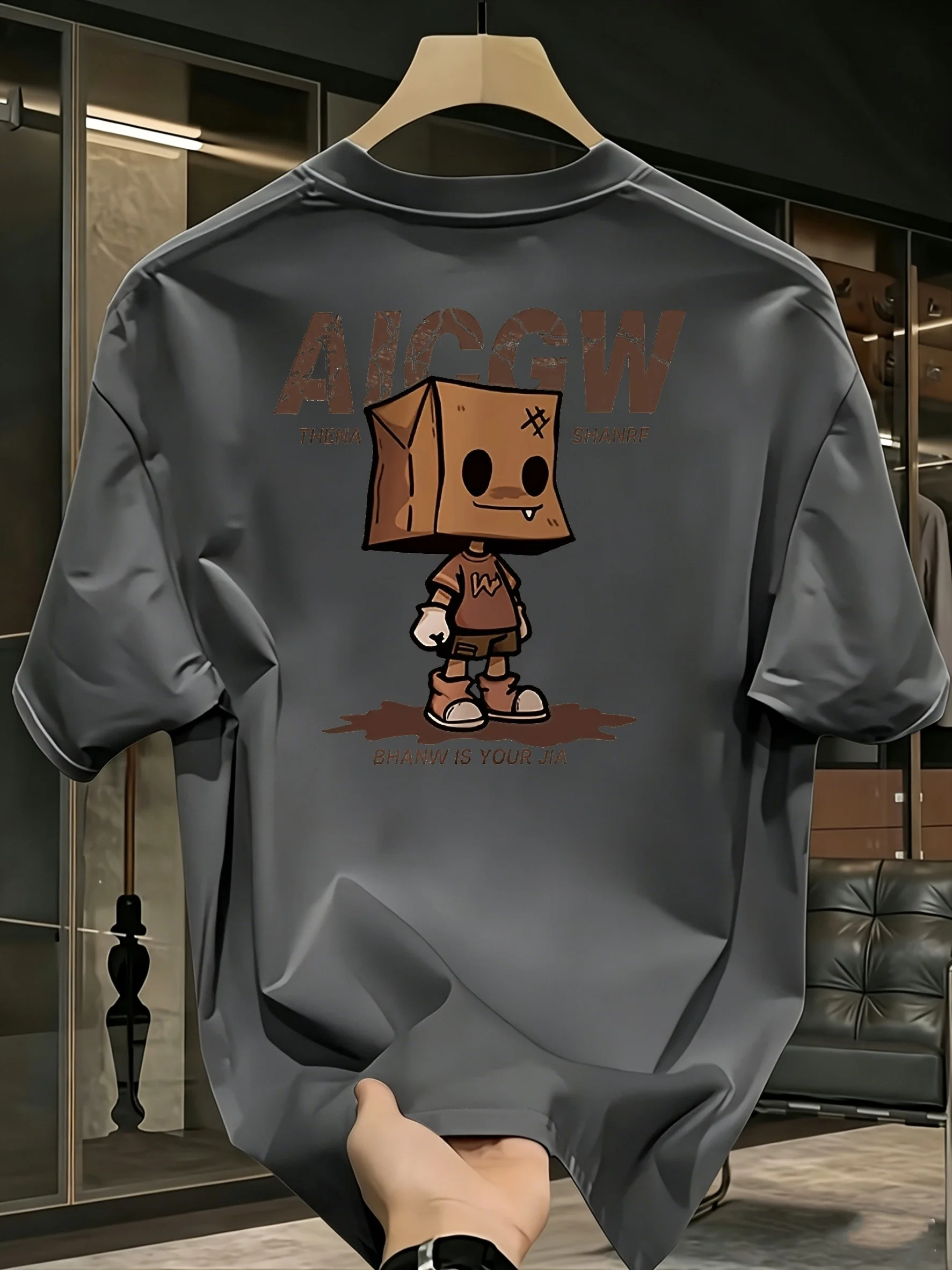 Men's 100% Cotton T-Shirt with Cartoon Paper Bag Character Print, Short Sleeve, Crew Neck, Loose Streetwear Hip-Hop Summer Casua