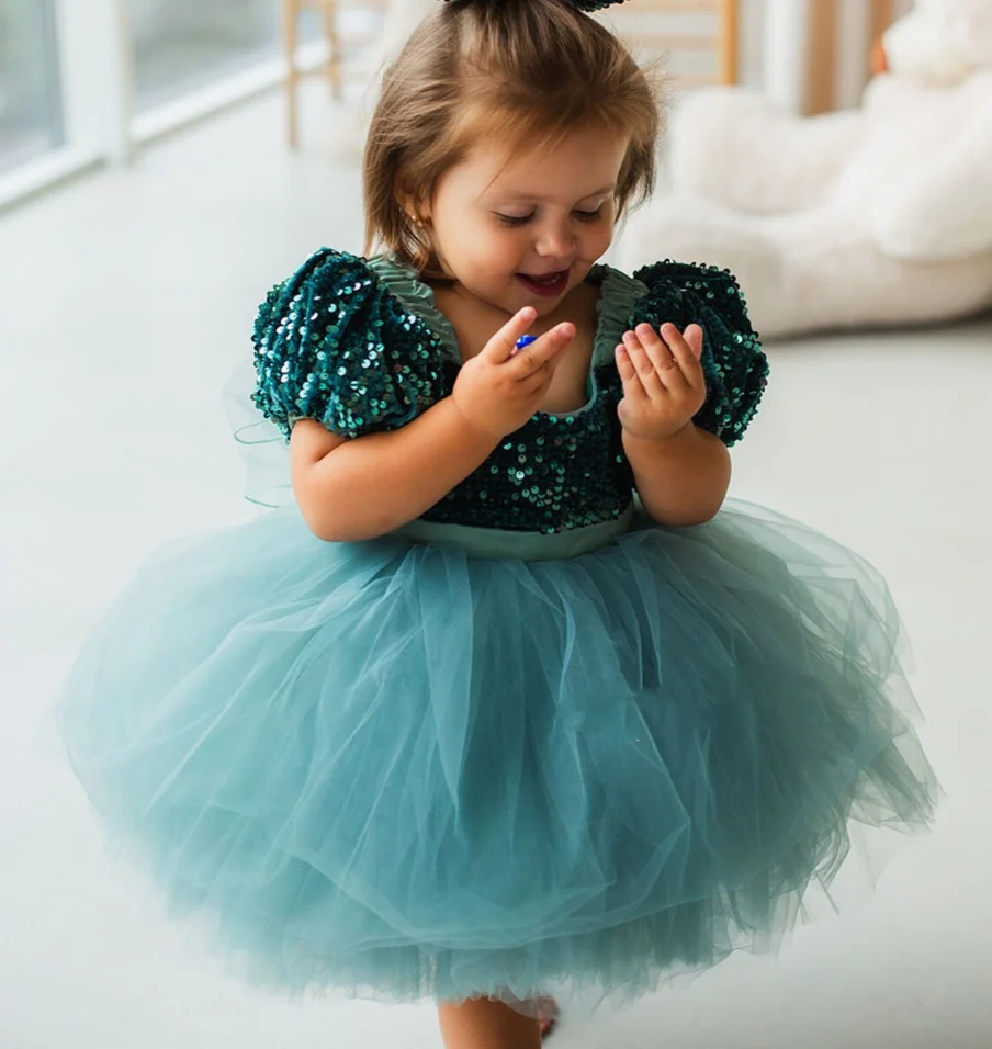 Vestido verde de lantejoulas feminino, roupa de festa tutu, manga curta, vestido de formatura, Natal, Aniversário, florista, 12M, 24M