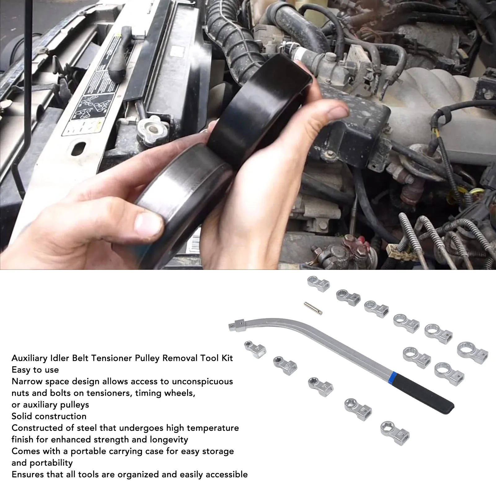 

Auxiliary Timing Belt Tensioner Pulley Wrench Set Multiple Adapters Belt Tensioner Pulley Tool Kit Easy Access for Vehicle