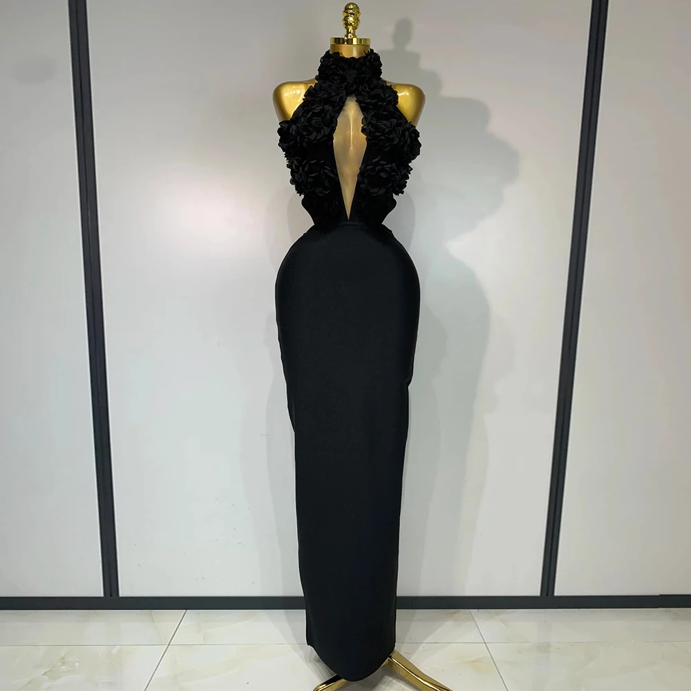 

Unique Halter Straight Evening Dress Customized Black Backless Recessed Collar Design 3D Flowers Jersey Sleeveless Party Gowns