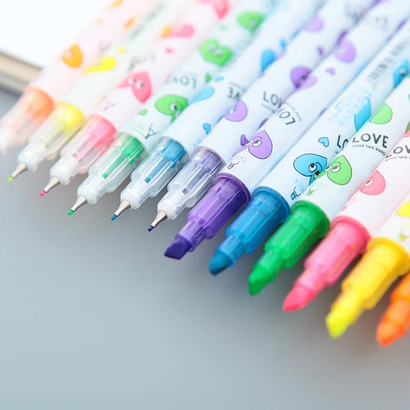

6Pcs/Set Color Marking Pen Double-ended Fluorescent Highlighters Light Color Soft Tip Highlighter Student Stationery Supply