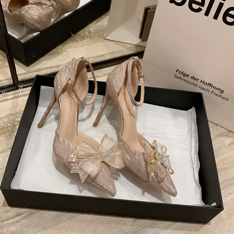 Eleganti décolleté con tacco alto argento donna autunno Plus Size 42 cinturini alla caviglia scarpe da festa donna scarpe da sposa con papillon a