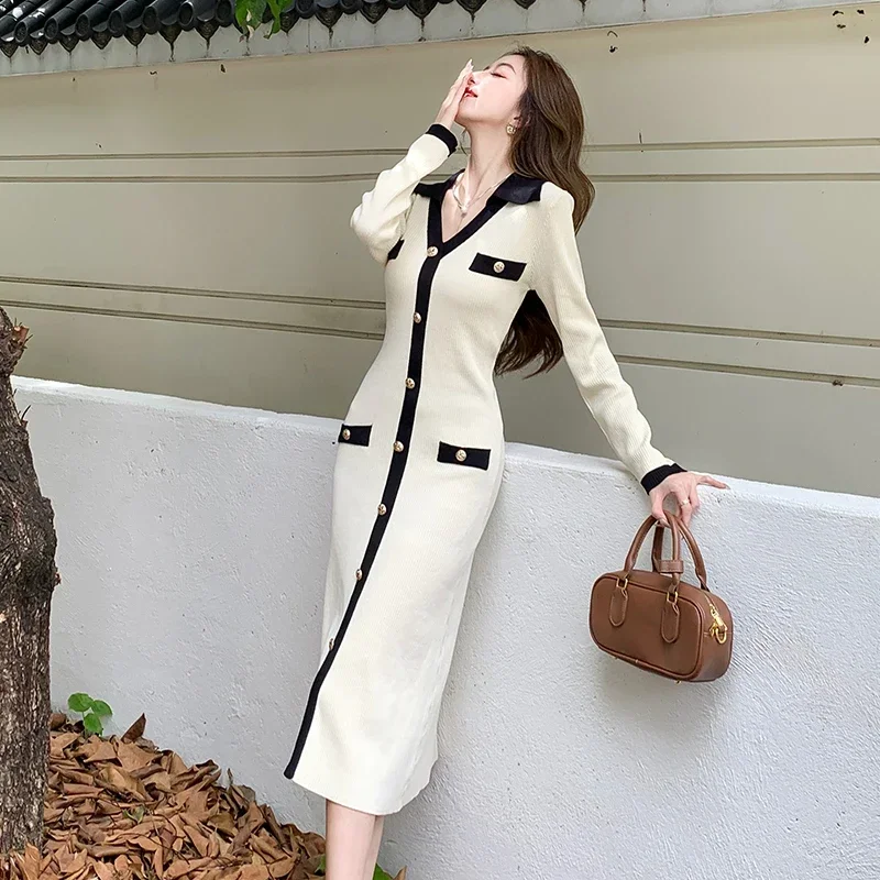 

Euro Style Autumn New Models With Coats, Long Inner Sweater Dresses, Women's Gentle Temperament Contrasting Color Knitwear