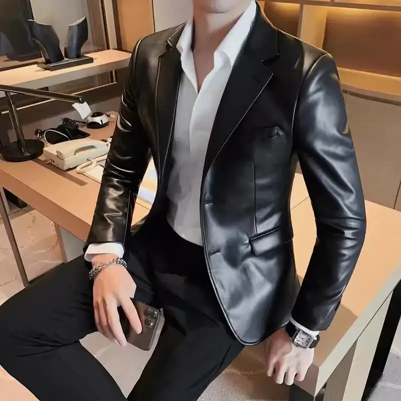 Men\'s Leather Jacket 2024 Autumn Highend Fashion Solid Slim Fit Business Blazers Coats Korean Casual PU Leather Suit Tuxedo