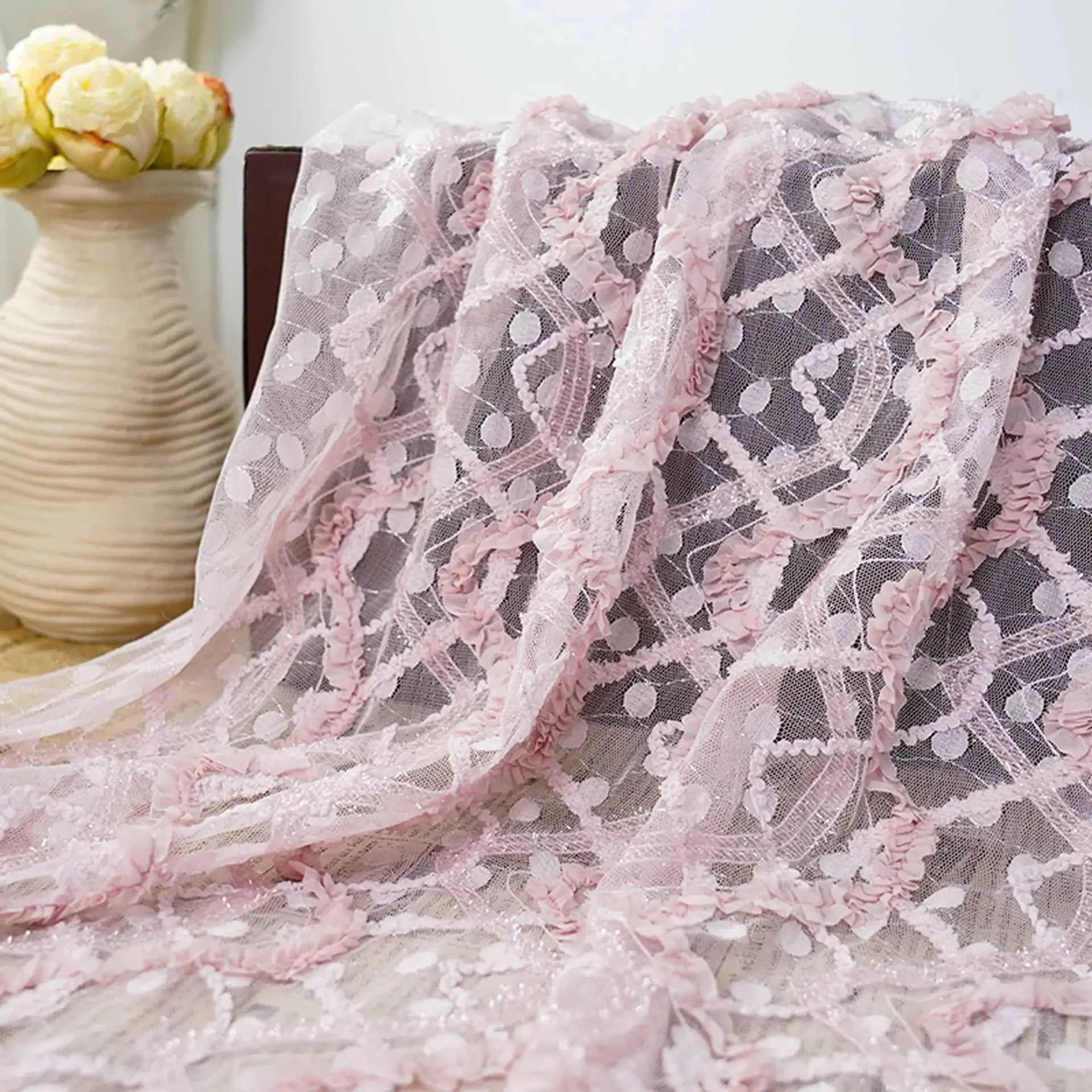 3D diamond checkered polka dot ruffled lettuce edge embroidered lace fabric for wedding gowns dresses women's clothing fabric