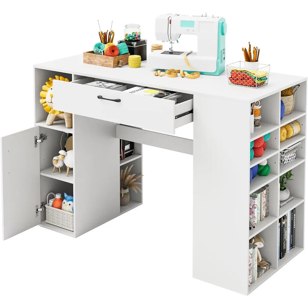 53 Artwork Sewing Table with 14 Cube Storage, Large Desk with 2 Shelves, 36 Counter Height White Writing Desk
