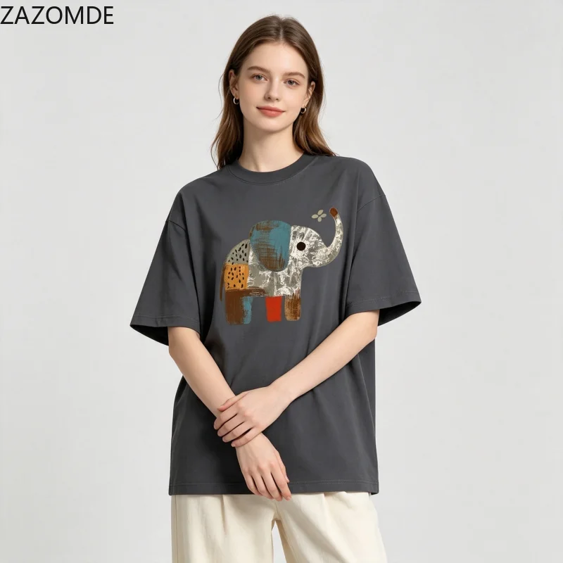 ZAZOMDE Trendy Simple Front Print T-shirt Retro Hand Drawn Color Block Elephant Short Sleeve Loose Unisex Summer Street Tees