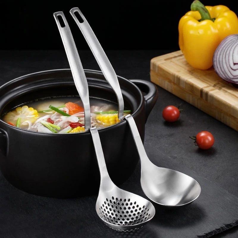 Thickened 304 Stainless Steel Hot Pot Soup Spoon New Household Leaky Spoon Long Handle with Hook Creative Hanging Soup Shell Set