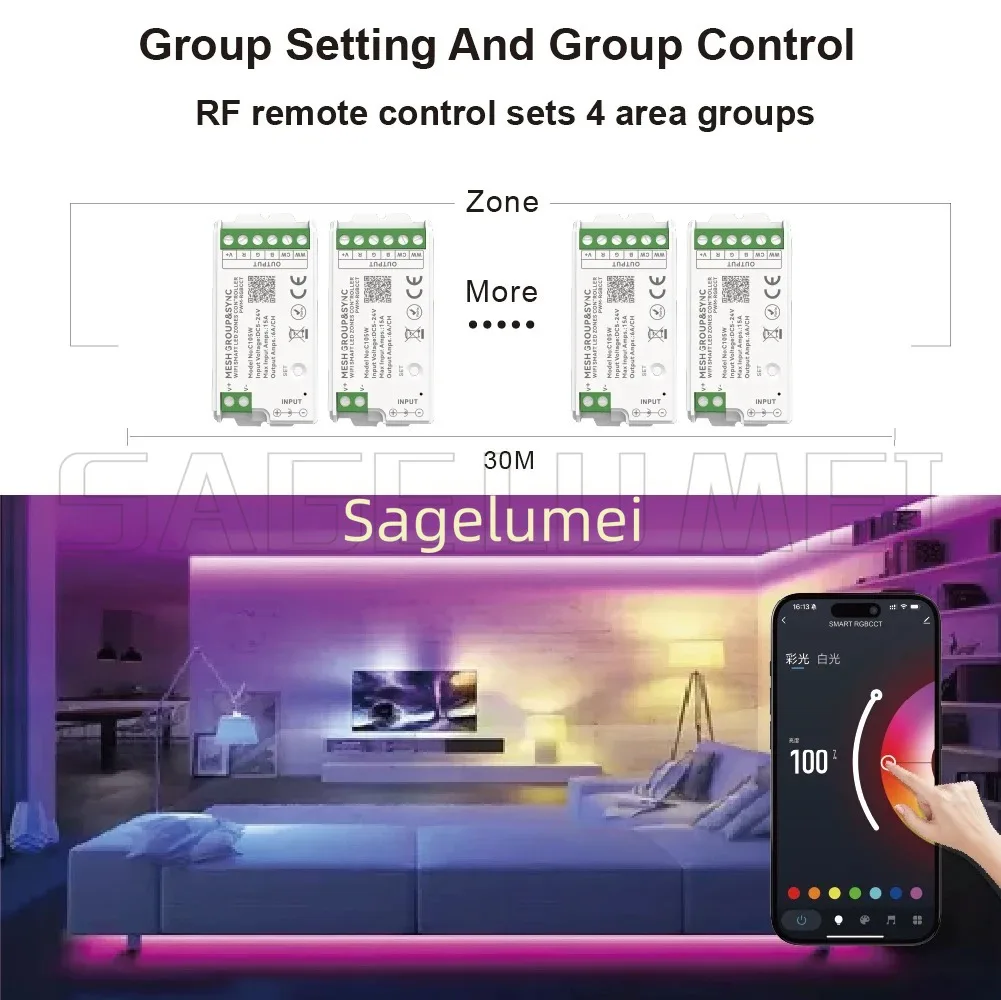 101W 102SW 103W 104W 105W WIFI RGBWC Controller 4 Zone MESH Remote Group&Sync Tuya LED Light Strip App/Speaker Control DC5-24V