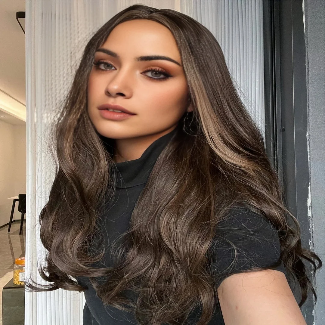 

24-дюймовый волнистый синтетический парик, темно-коричневый синтетический парик, подходит для любого случая в повседневной жизни женщин.