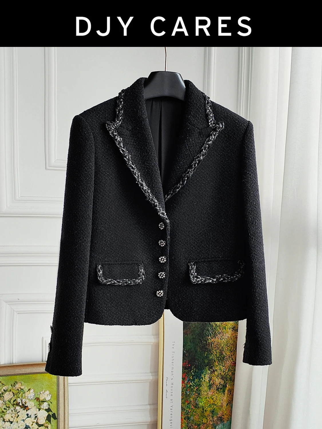 New Commuting black tweed jacket, suit collar top big  size