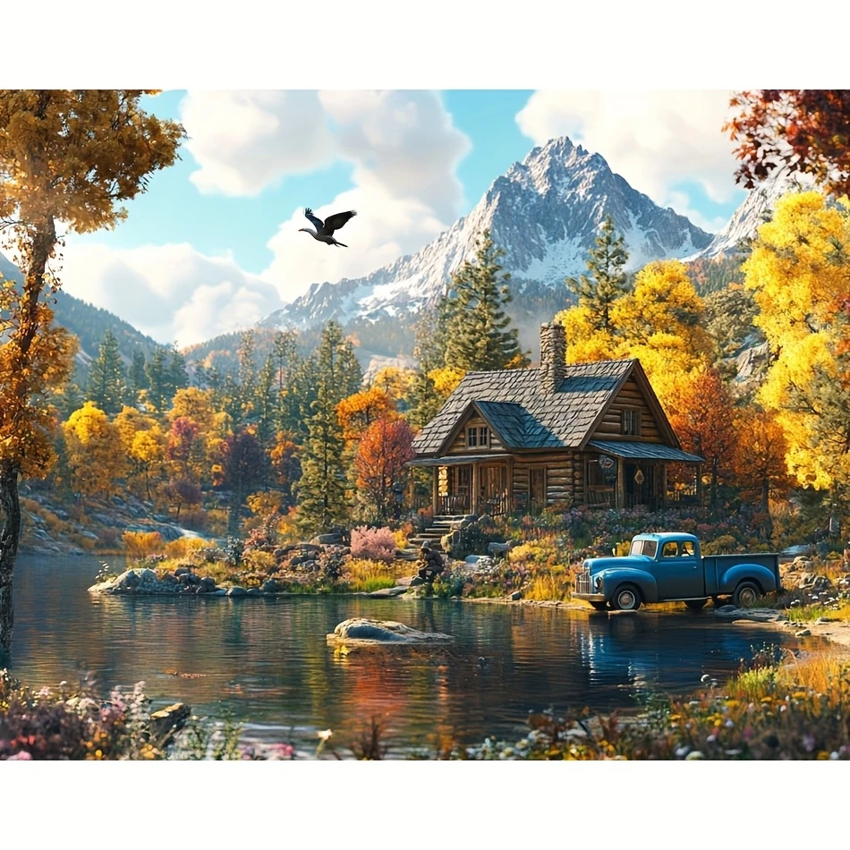 

Cabin in the Mountains a Car Eagle Landscape 500/1000/1200/2000 PCS Jigsaw Puzzles Family Activity Games for Gameroom Bedroom