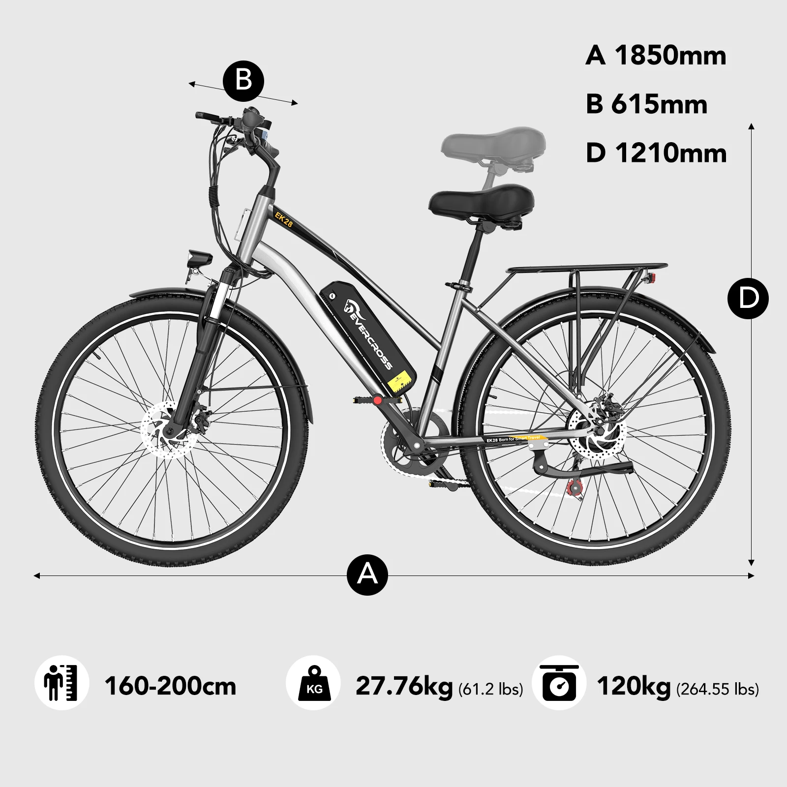 EVERCROSS TECH EK28 Electric bike 28 for adults, electric MTW with 36V 12Ah battery, 60 Miles range