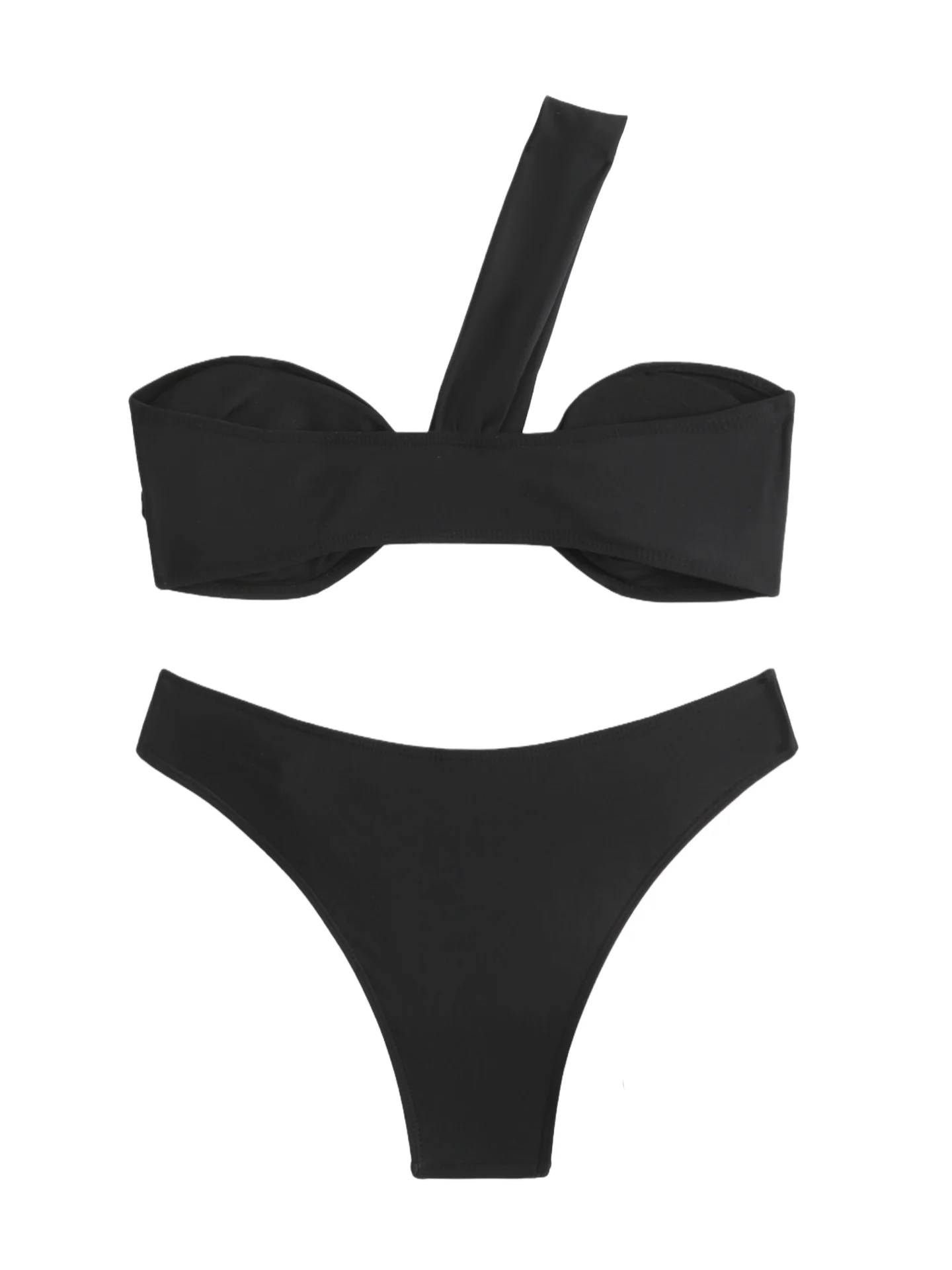 Sexy schwarzes Bandeau-Bikini-Set, einschulterig, asymmetrisch, hohe Taille, hoher Schnitt, zweiteiliger Badeanzug für Damen, Strandurlaub
