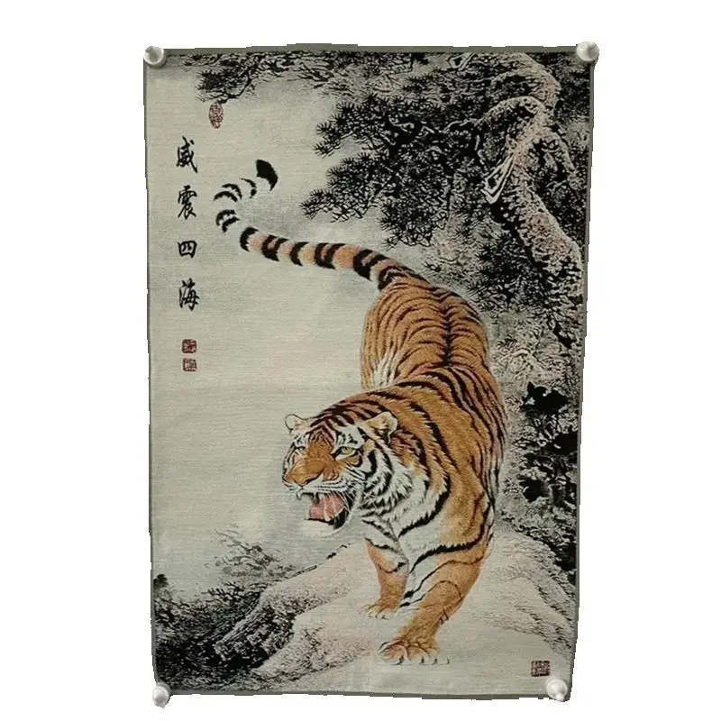 Chinese Antique Silk Brocade Tangka Painting Embroidery The tiger descended the mountain Wall painting for Home Decor