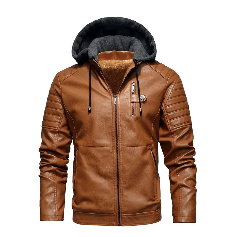 Men's Light Khaki Hooded Faux Leather Jacket Fleece Lined Winter Warm Casual Outerwear 2026