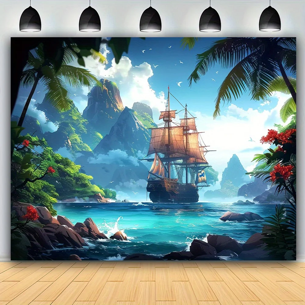 Piratenschiff- und Palmen-Hintergrund – vielseitige Meereslandschaft aus Polyester für Halloween, Geburtstagsfeiern und Foto-Requisiten