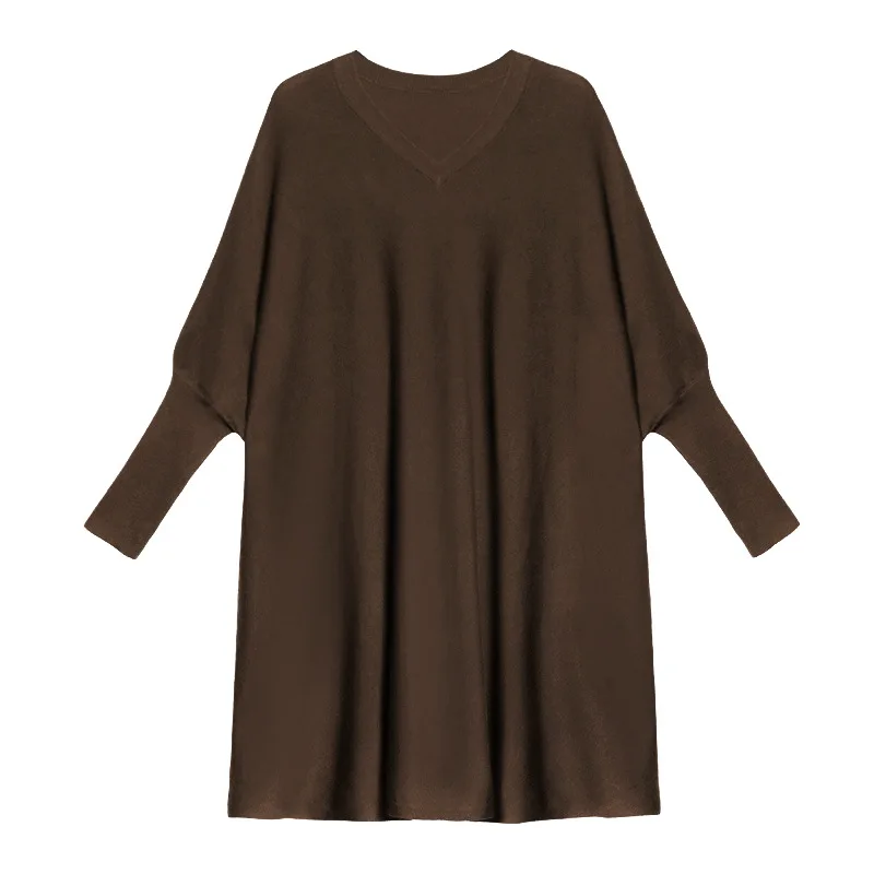 Women Knitted Dresses Solid Mid Length Dress V Neck Batwing Sleeve Slight Stretch Loose Fit Casual Streetwear 2025 Spring Autumn