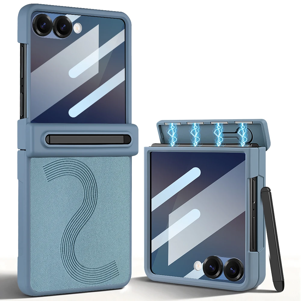 

PU Leather Anti-peeping Glass Film Pen Slot with Pen Phone Case for Samsung Galaxy Z FLIP 7 6 Flip6 Flip7 Hinge Protection Cover