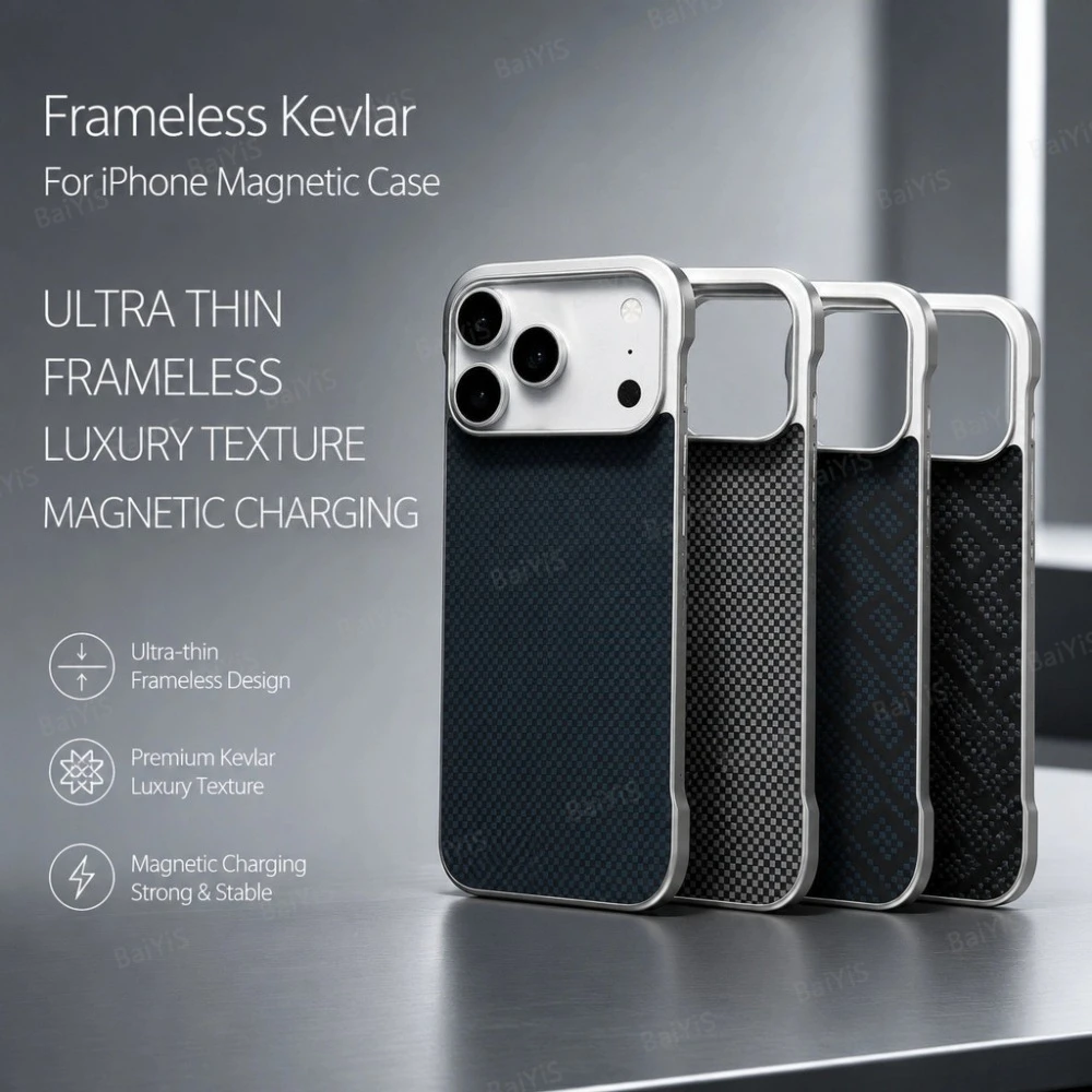 Coque de protection magnétique antichute en métal plaqué, texture Kevlar, fine et sans bordure, pour iPhone 17 Pro, 16, 15 Pro Max
