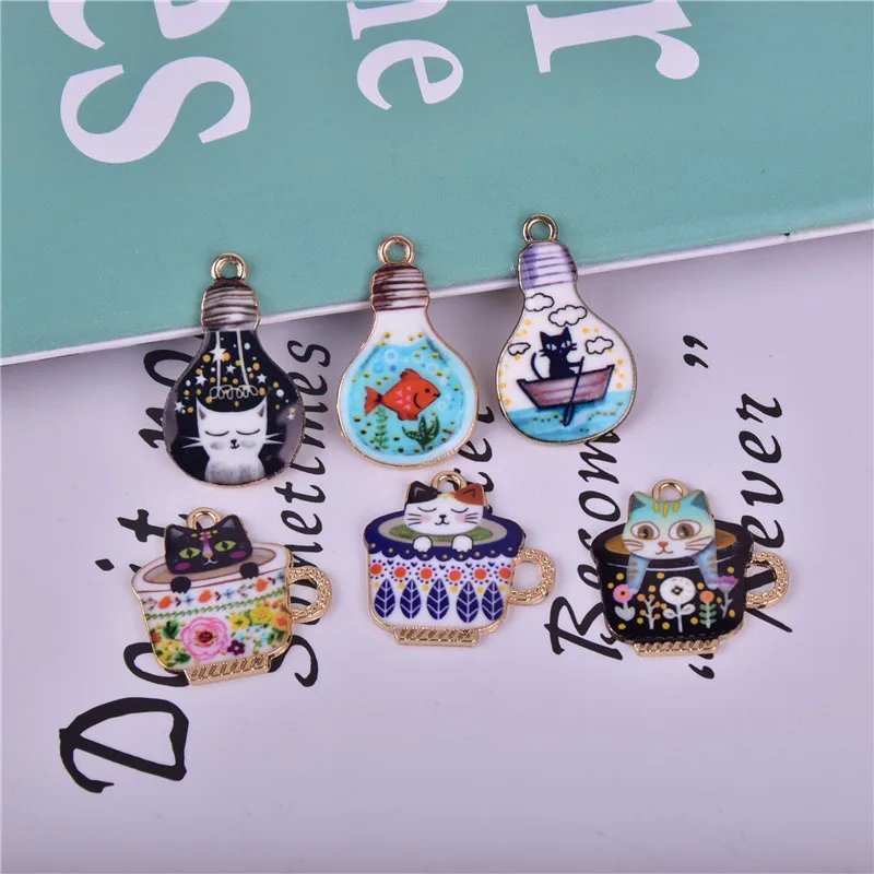 10pcs/pack Light Bulb Cat Cup  Enamel Charms Jewelry Earring Bracelets DIY Pendant Jewelry Making Golden color