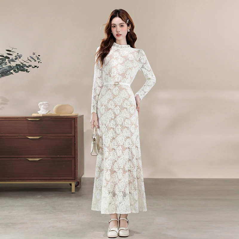 

Coigarsam платья женское модное кружевное платье с длинным рукавом и вышивкой расклешенные воротники-стойки с высокой талией абрикосовое платье