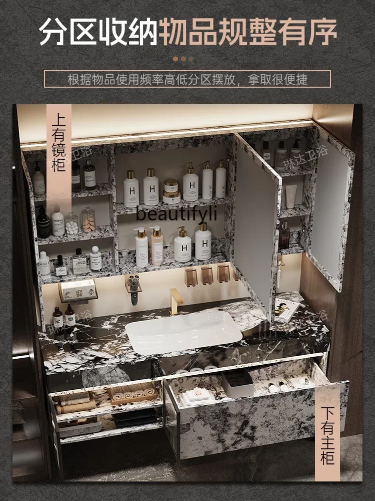 

High-end customized light luxury bathroom cabinet combination luxury stone washbasin hand washbasin F56