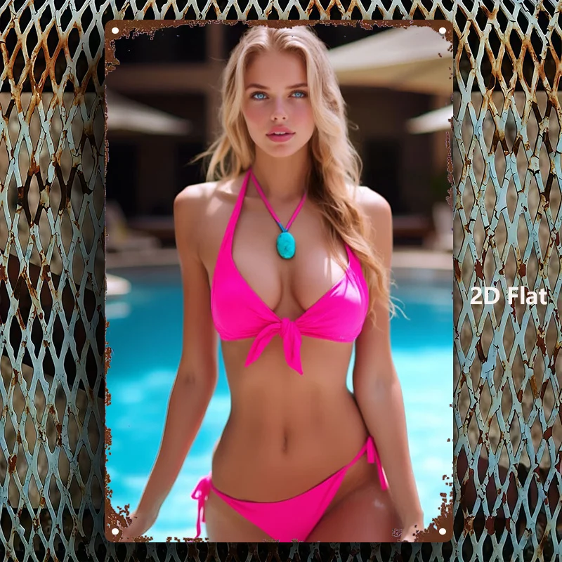 2D Pink Bikini Girl Metal Wall Art - Retro 2D Vintage Iron Sign for Home Bar Poolside Decor