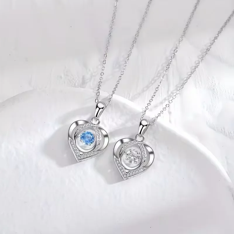 Silver Heart Shaped Necklace Bracelet Set for Women Girls Retro Korean Blue Crystal Jewelry Set Original Party Gift