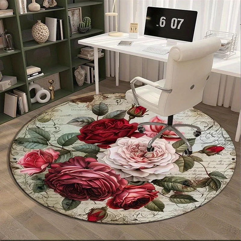 

1pc Vintage Rose Garden Round Floor Mat - Floral Polyester Rug for Home or Office Decoration, Non-Slip