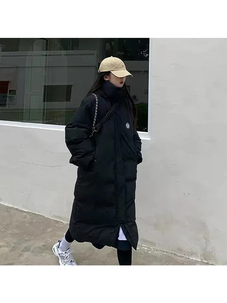 

Pure Black Long Straight Winter Coat Casual Women Parkas Hooded Stylish Thicken Mid-Length Coat Cotton Padded Parka Jacket