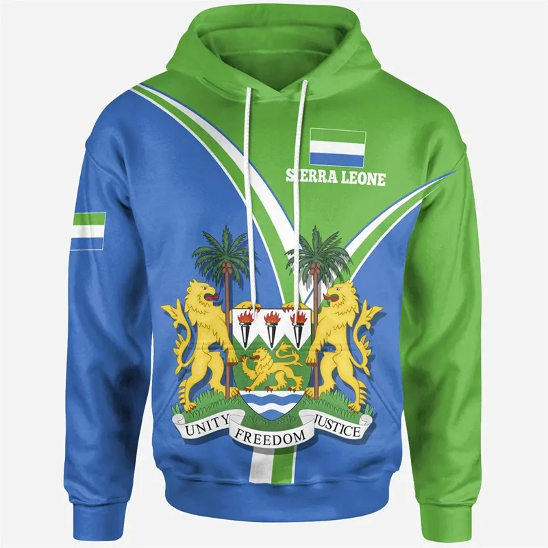 3D Printed Africa Sierra Leone Map Flag Hoodies For Men Patriotic Tracksuit National Emblem Graphic Sweatshirts Loose Pullovers