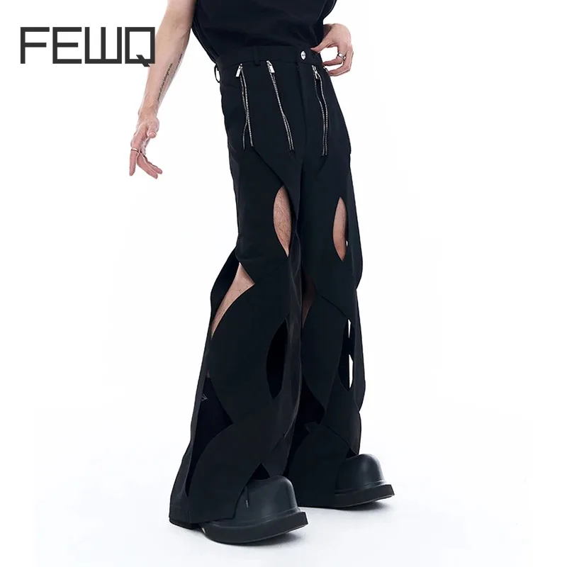 

FEWQ A Niche Hollowed Out Design Casual Pants Men Deconstructed Metal Zipper 2024 Darkwear Solid Color Male Trousers 24E1300