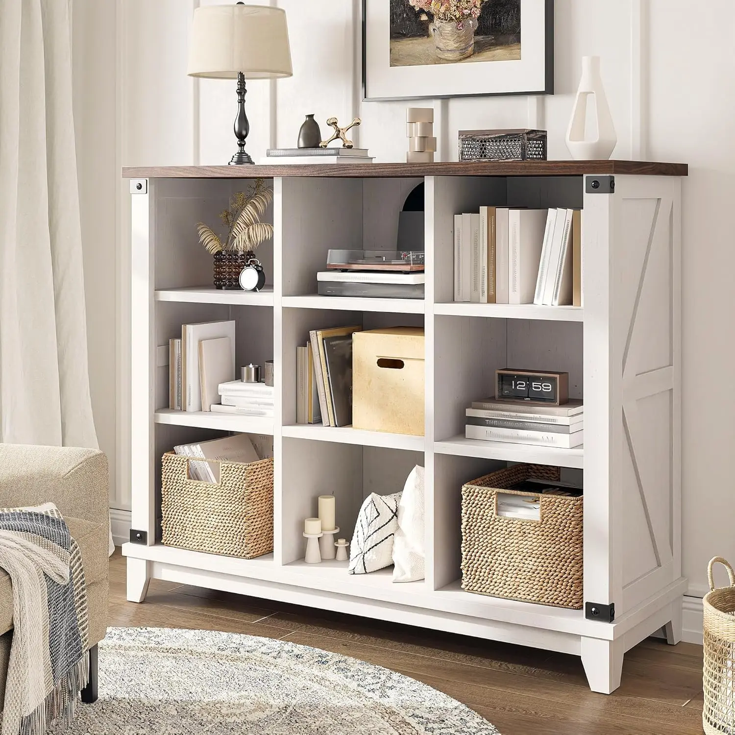 Farmhouse 9-Cube Storage Organizer For Living Room, White | Home Organization Lovers, Wood & Metal, Holds 386 Lbs,, Customized
