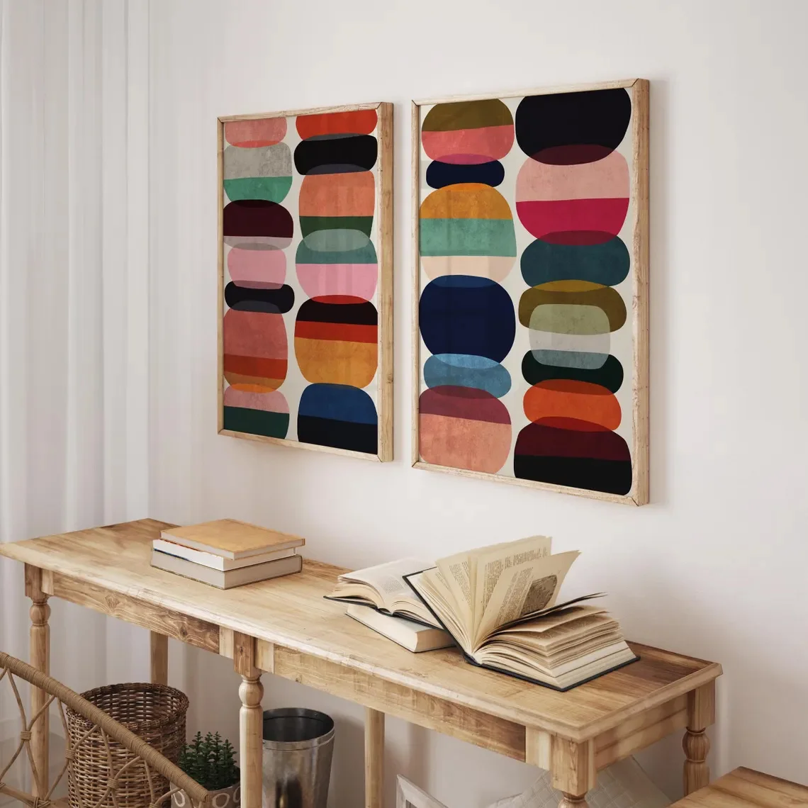 2pcs/set Colorful Bauhaus Geometric Canvas Printing Bold Medieval Floral Wall Art Posters for Modern Spring Summer Home Decor