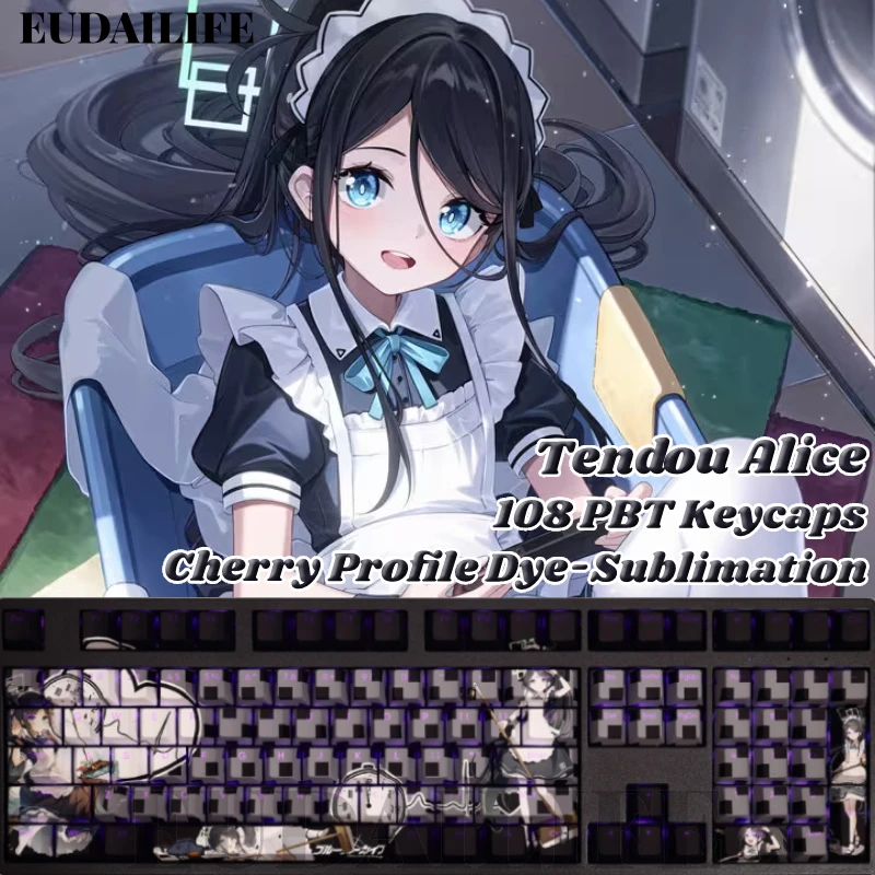 Tendou Alice 108 Keycaps Blue Archive PBT DYE Sublimation Light Transmitting Cherry Cross Axis Switch for Mechanical Keyboard