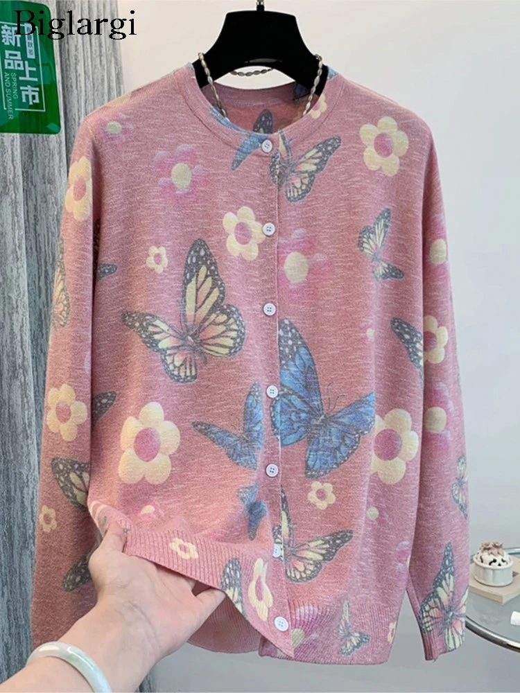 

Оверсайз вязаный осенний кардиган женский с бабочкой и цветочным принтом модные женские кардиганы повседневные свободные женские свитера пальто