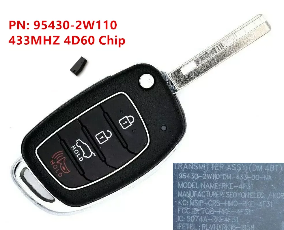 KEYECU Replacement Flip Remote Key Fob 4Buttons 433MHz 4D60 Chip for Hyundai Santa Fe 2015-2019 95430-2W110 TQ8-RKE-4F31