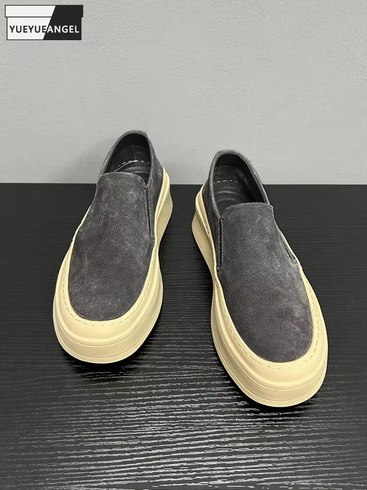 Spring Summer Men Retro Thick Platform Real Solid Color Suede Leather Breathable Comfortable Casual Shoes Flat Shoes Sneakers