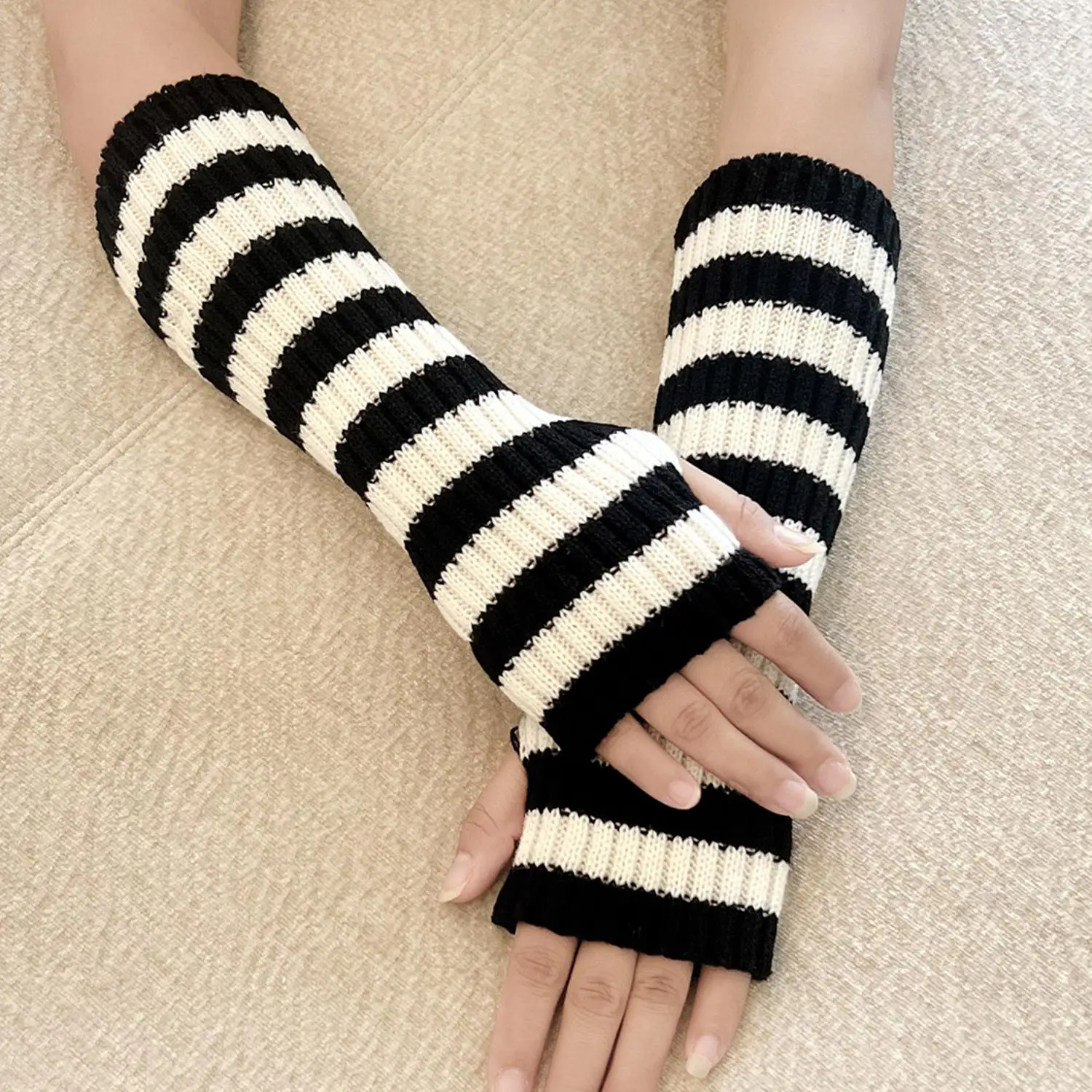 Long Fingerless Arm Warmers Women Wrist Elbow Thermal Glove Hand Arm Warmers Striped Knitted Elbow Mittens Cosplay Arm Sleeves