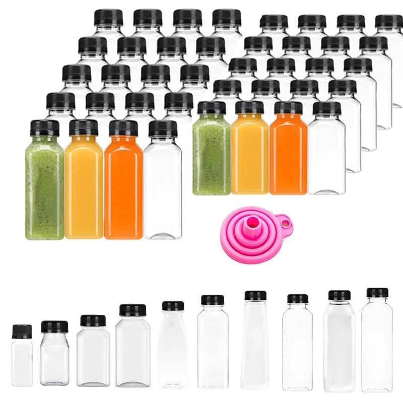 20pcs Clear 60ML-500ML Plastic Water Bottle w/ Caps W/ Folding FunnelReusable Juice Bottles Juicing Drinks Smoothie Containers