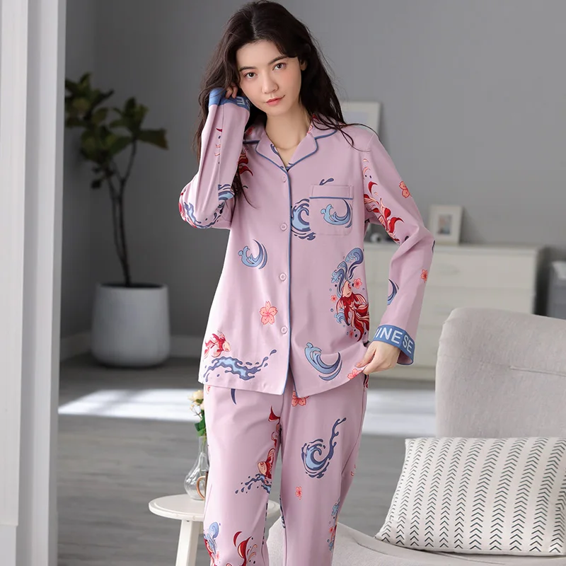 Spring and Autumn New Pure Cotton Women's Pajamas Cardigan Polo Collar Long Sleeve Texture Women's Home Furnishing Loose Fit