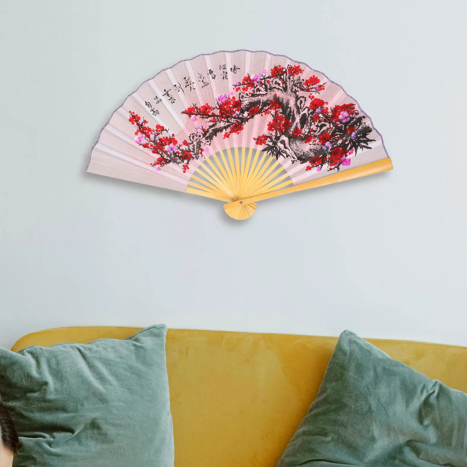 Large Folding Chinese Style Wall Hanging Fan Decorative Oriental Paper Bamboo Fan for Living Room Bedroom TV Wall Headboard