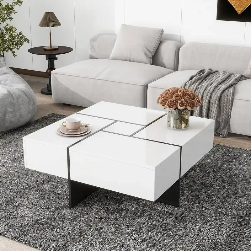 Unique Design Coffee Tea Table with 4 Hidden Storage Compartments Square Cocktail Table for Living Room Furniture