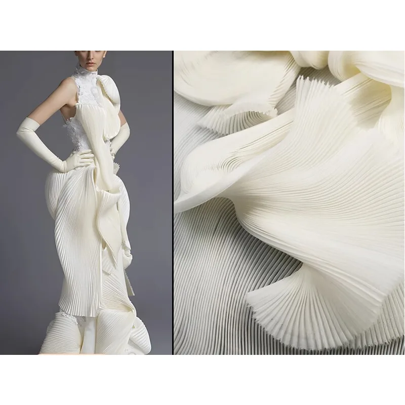 White Pleated Organza Accordion Small Wrinkle Fabric Hard Wide Shape Decorative Stage Handmade Dress Designer Fabric