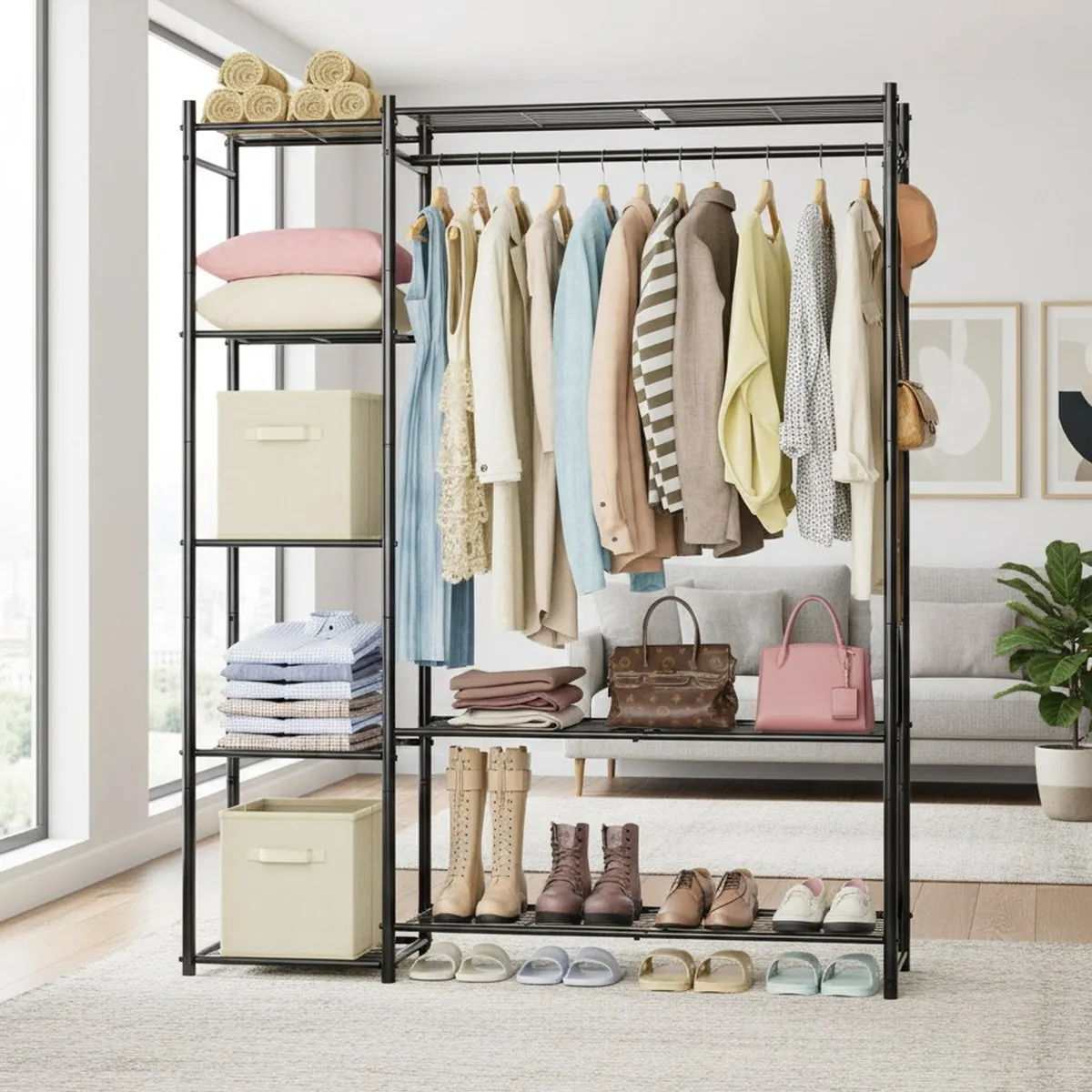 Portable Clothes Storage Rack 4 Shelf Unit with Hanging Bar Steel Fabric Organizer